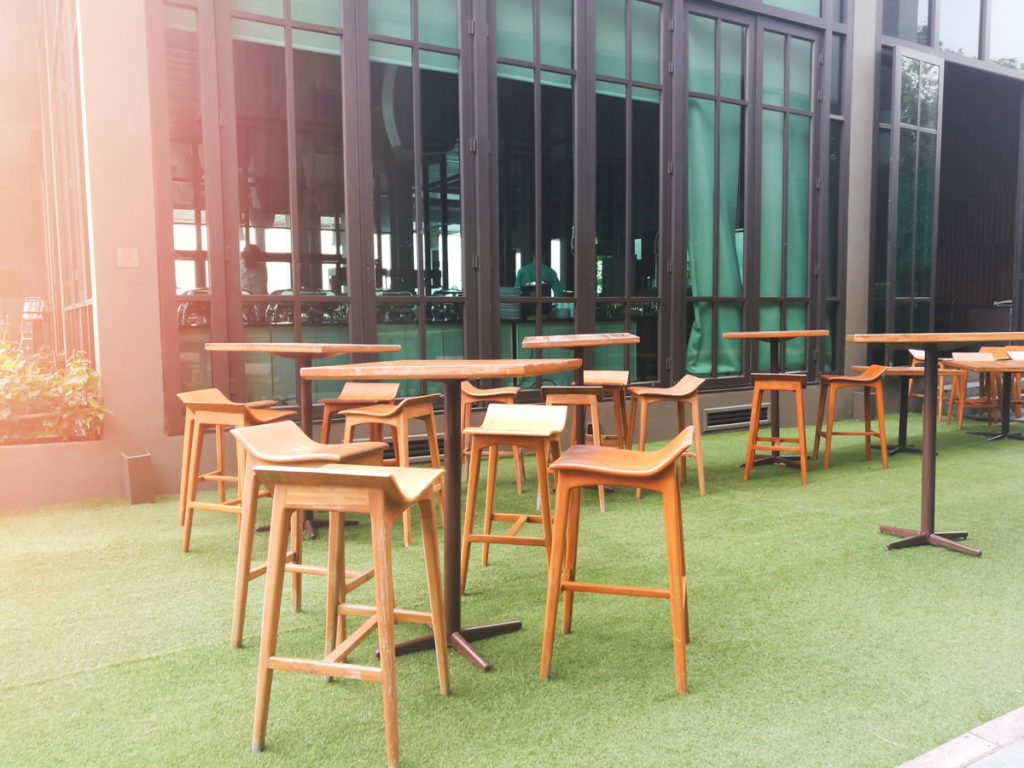 Outdoor bar area with artificial grass