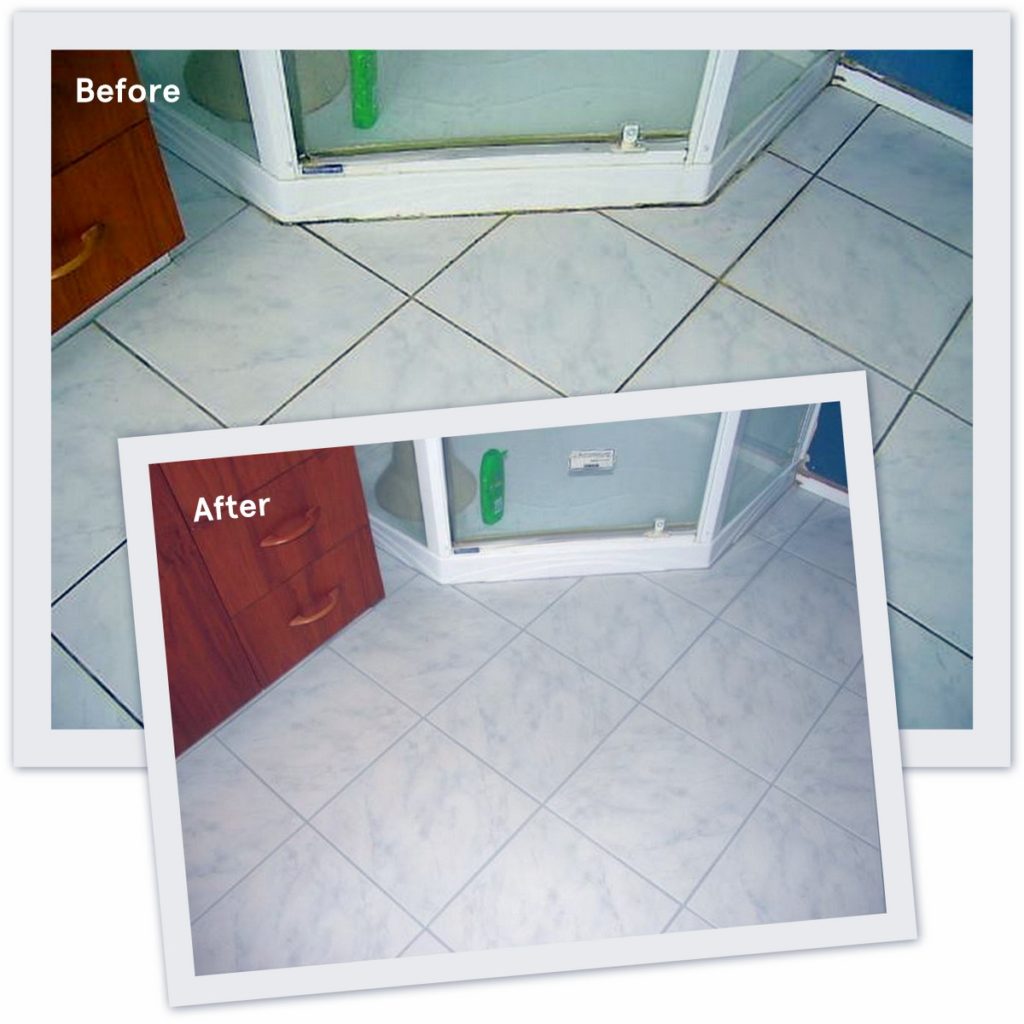 Before & after of grout restored on bathroom tiles